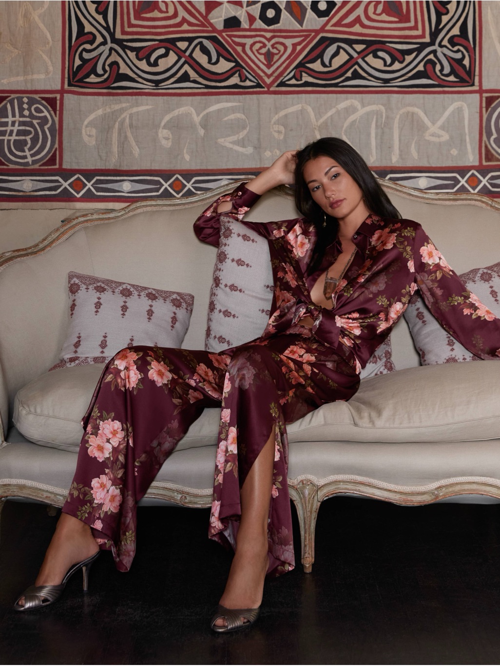 Nwot Johnny Was Silk Burgundy Floral Satin Pajama Set Amanza Roll Sleeve Shirt